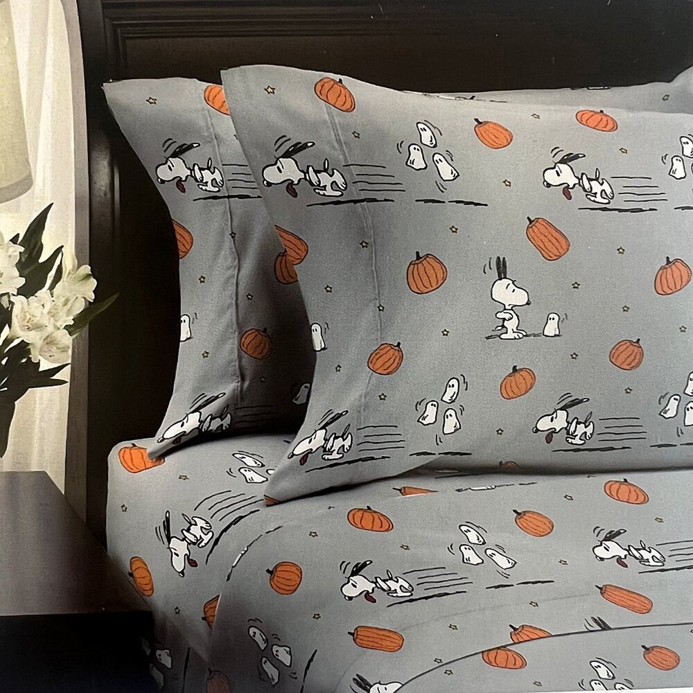 Peanuts Snoopy Halloween Twin Sheet Set Ghost Pumpkin Charlie Brown Bedding NEW